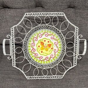 Vintage Hand Painted Ceramic Red Pottery Wire Fruit Basket Mid-Century Modern